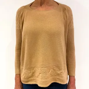 Camel Brown Knit Detail Cashmere Crew Neck Jumper Medium