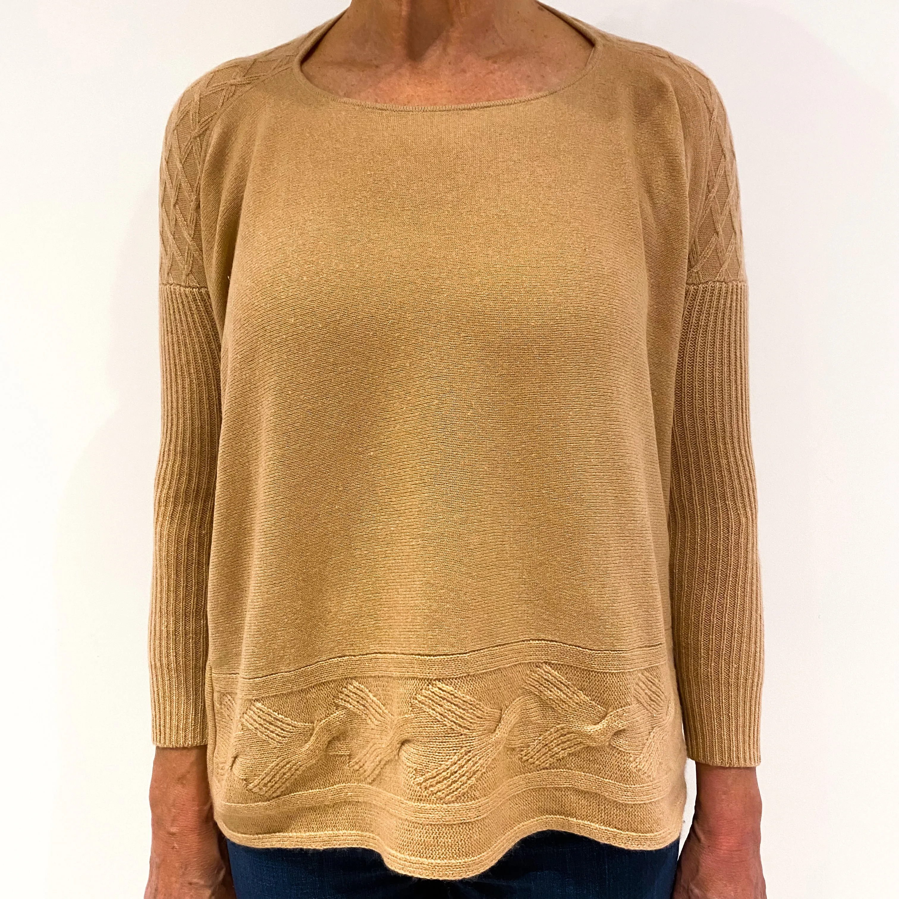 Camel Brown Knit Detail Cashmere Crew Neck Jumper Medium
