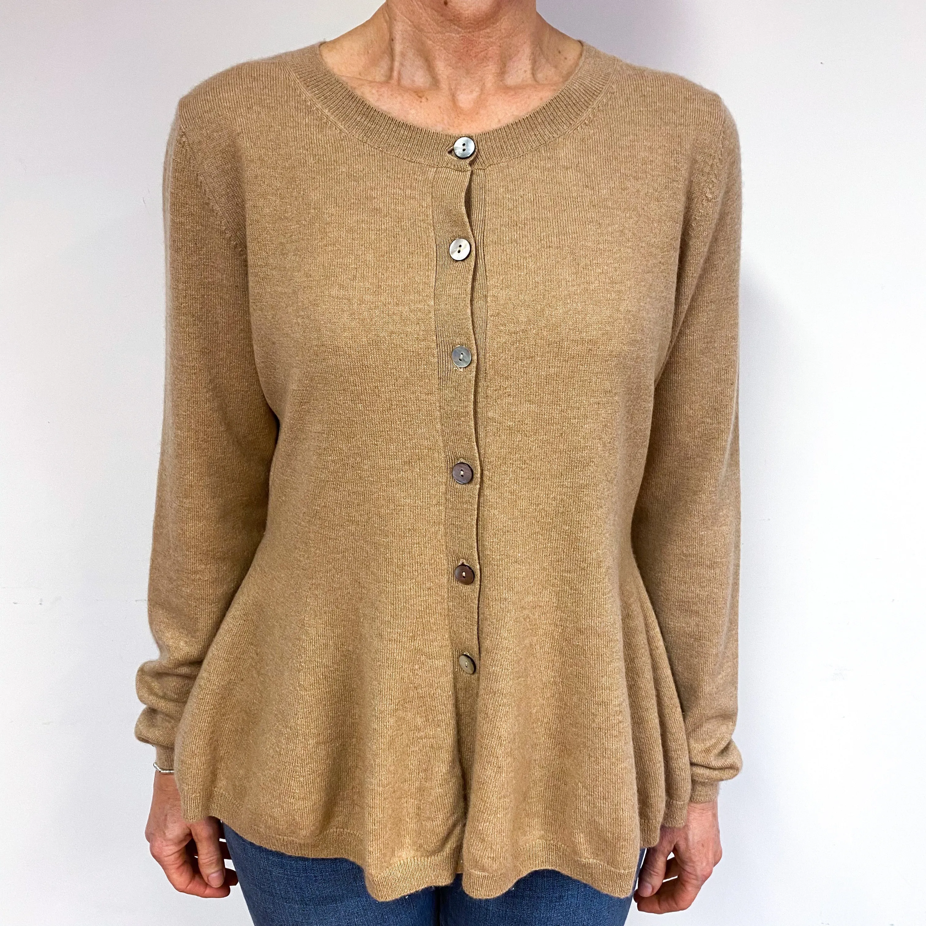 Camel Brown Peplum Cashmere Crew Neck Cardigan Medium