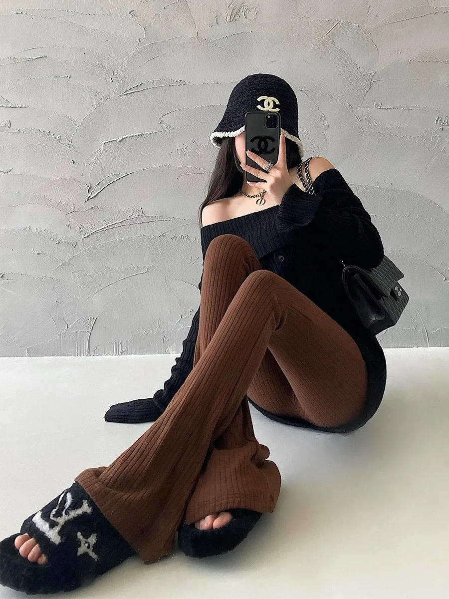 Carissa Solid Color Ribbed Off The Shoulder Long Sleeve Button Up Top