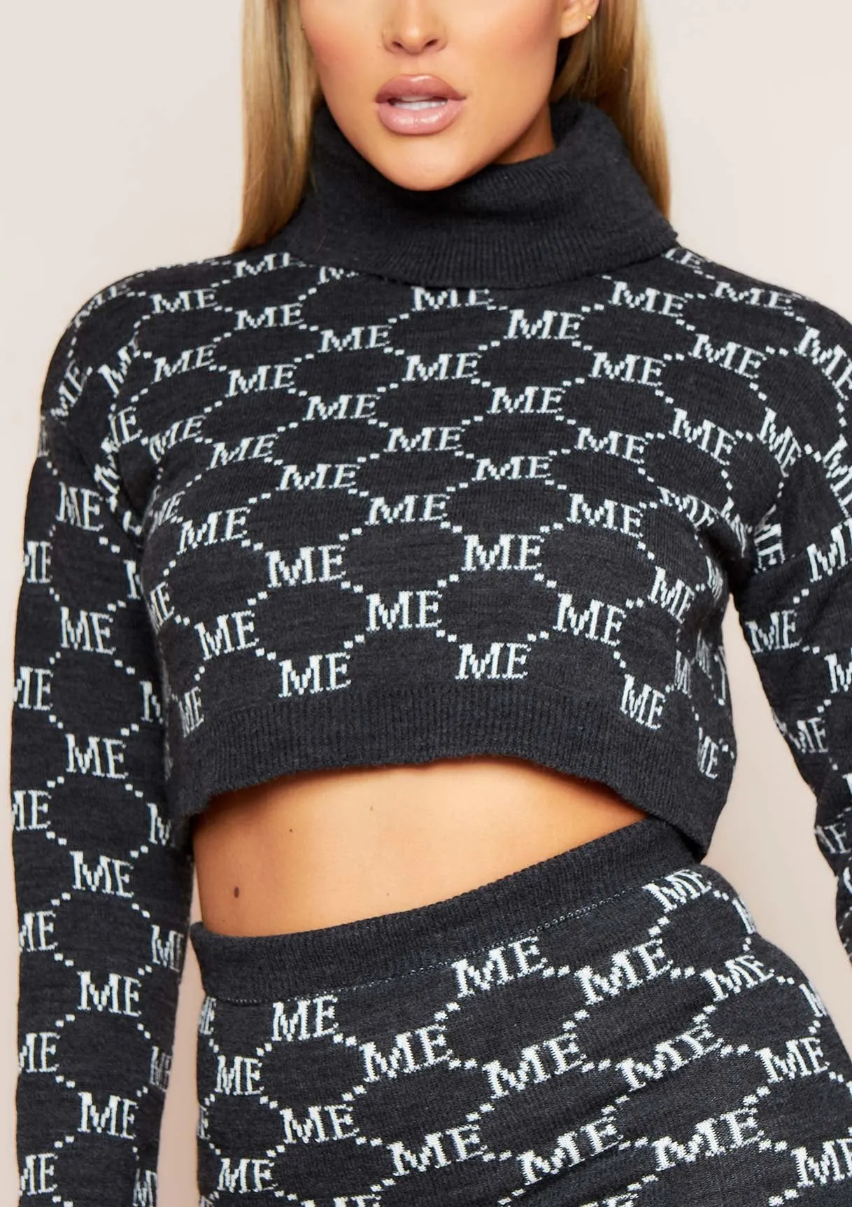 Carly Charcoal Missy Empire Print Knitted Roll Neck Cropped Jumper