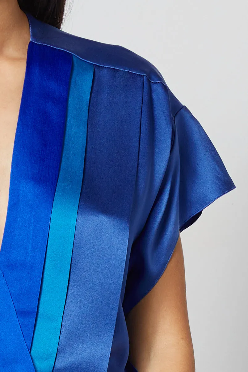 CARMEN blue - graphic pleated silk top