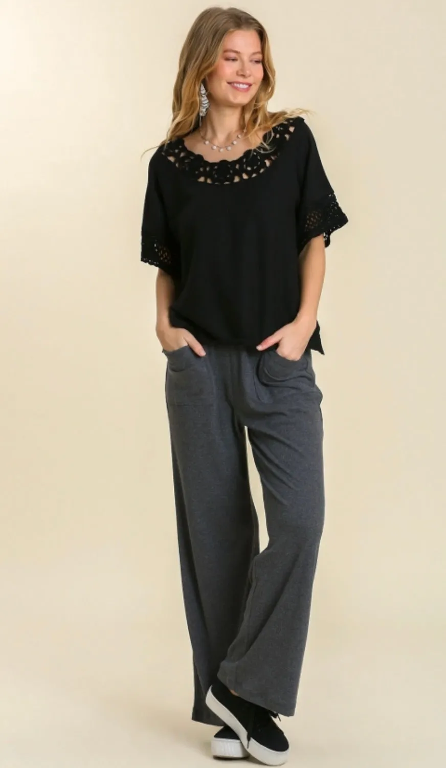 Carol Crochet Detail Top Black