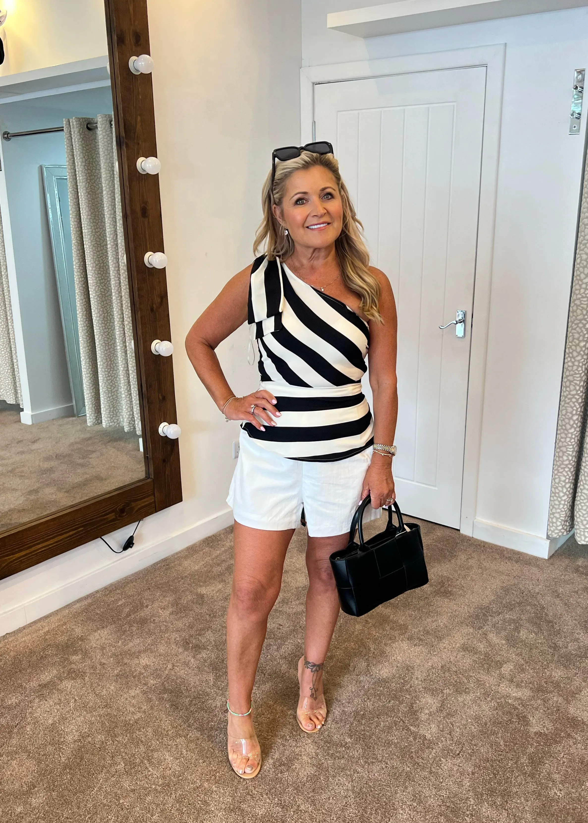 Carter black and white bow detail one shoulder top