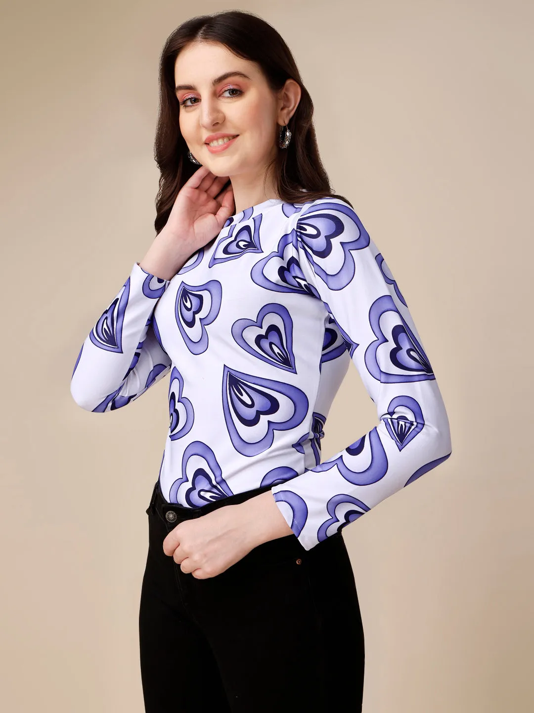 Casual Full Sleeves High Neck Marble Printed Women Top