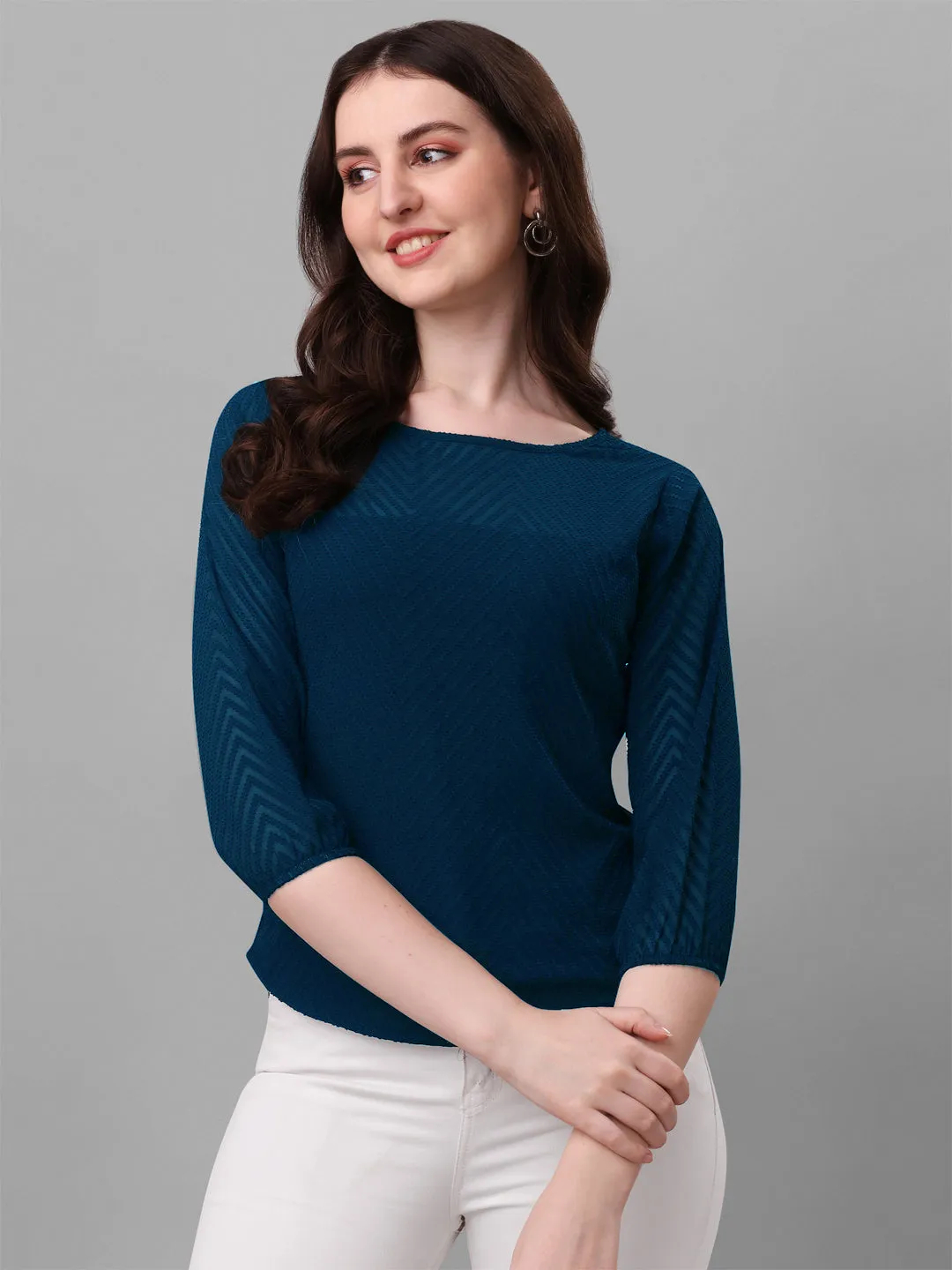 Casual Georgette Self Design Round Neck Regular Top Women