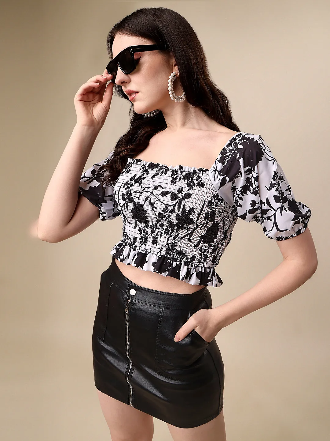 Casual Puff Sleeves Printed Women White,Black Top