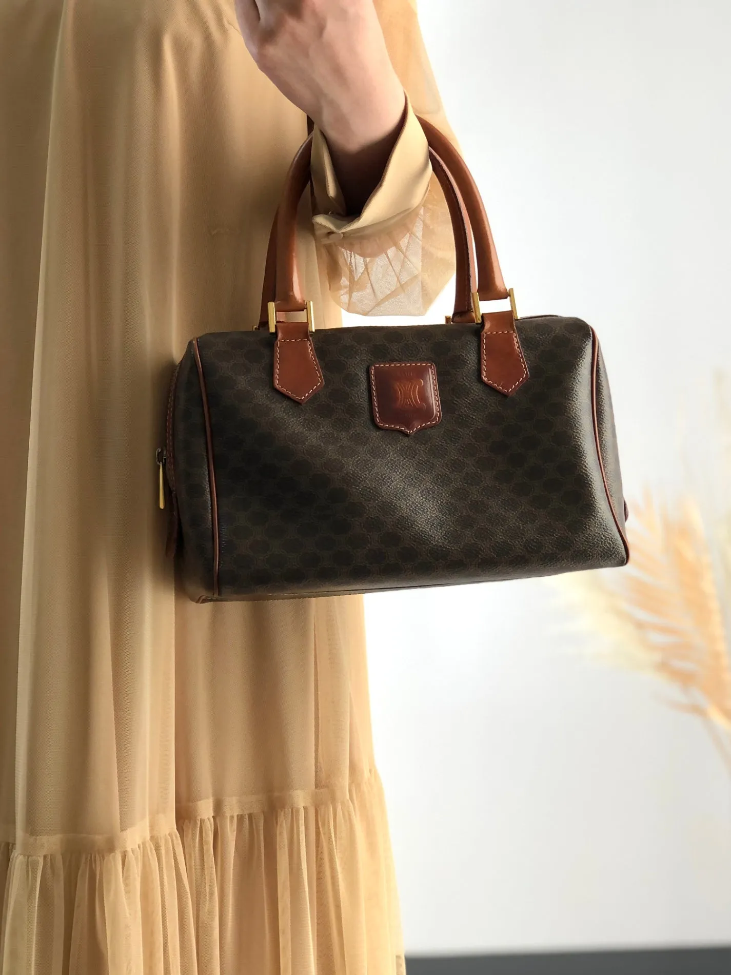 CELINE Macadam Blason Small Boston bag Brown Vintage vyeix4