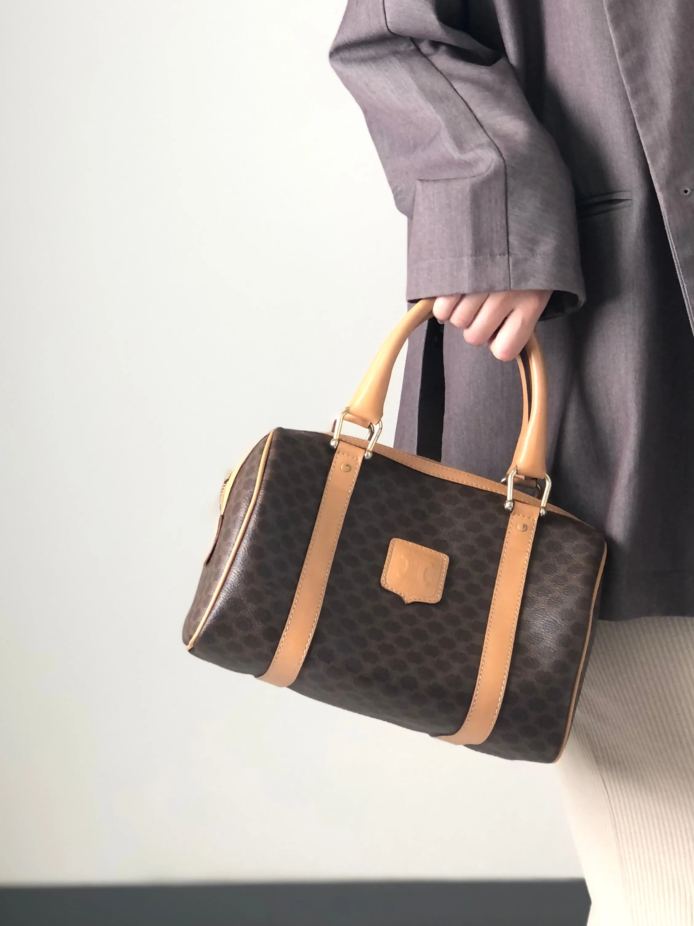 CELINE Macadam Blason Small Boston bag Handbag Brown Vintage mvb5z3