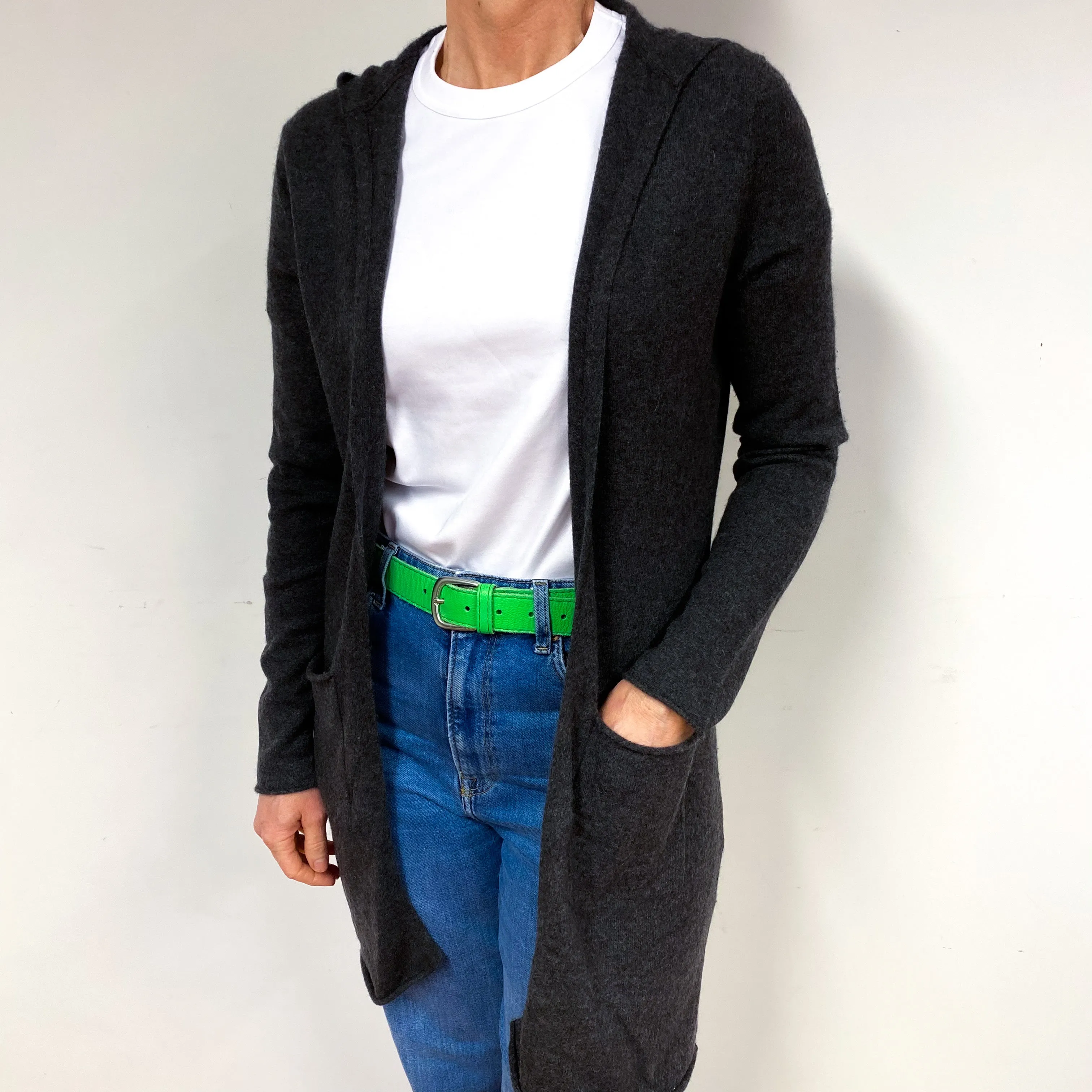 Charcoal Grey Hooded Cashmere Edge to Edge Cardigan Medium