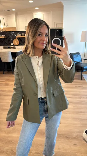 Charlotte Vegan Leather Blazer, Olive