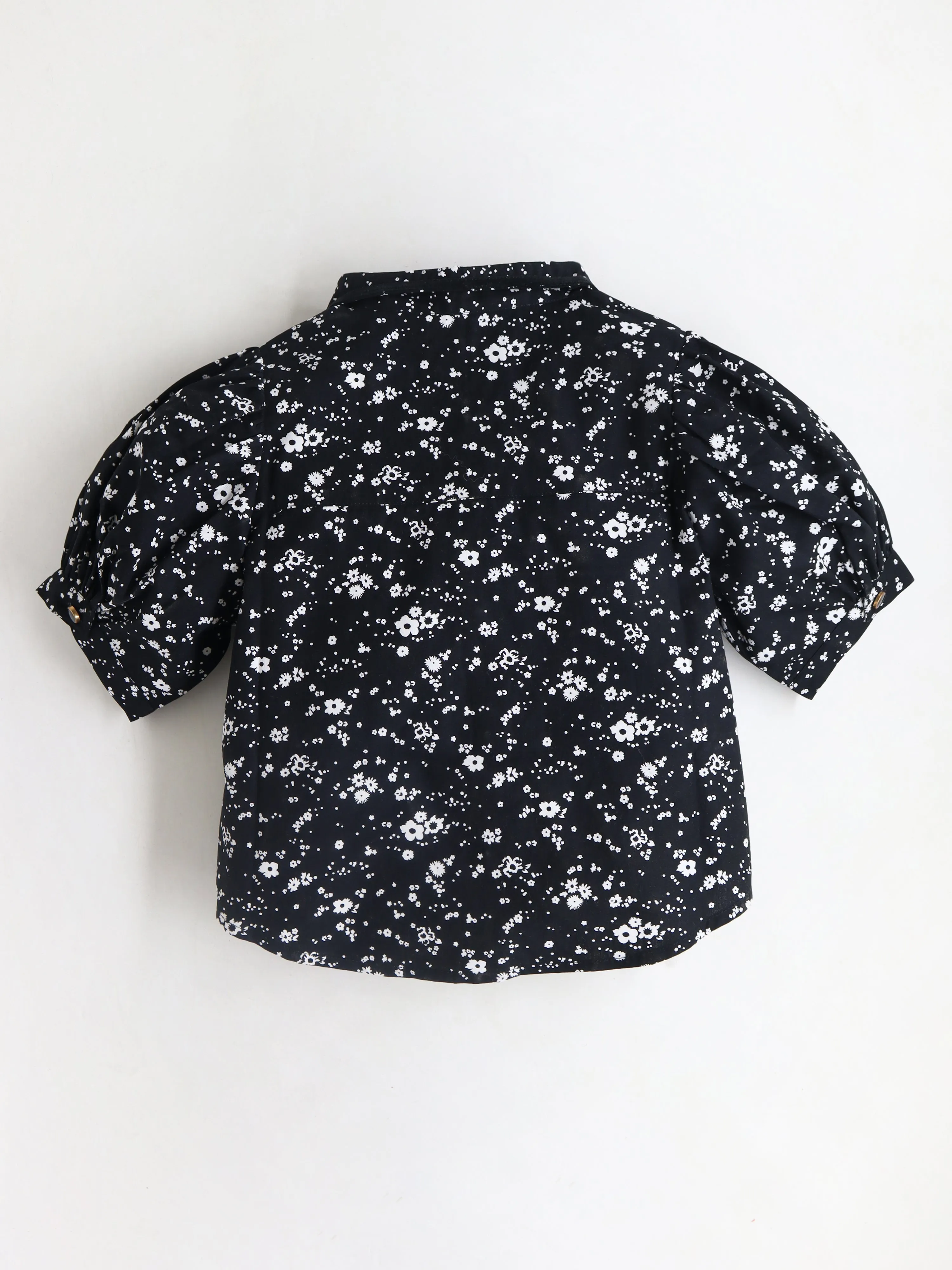 Cherry Crumble Black & White Dark Floral Prints Half Sleeve Collar Top