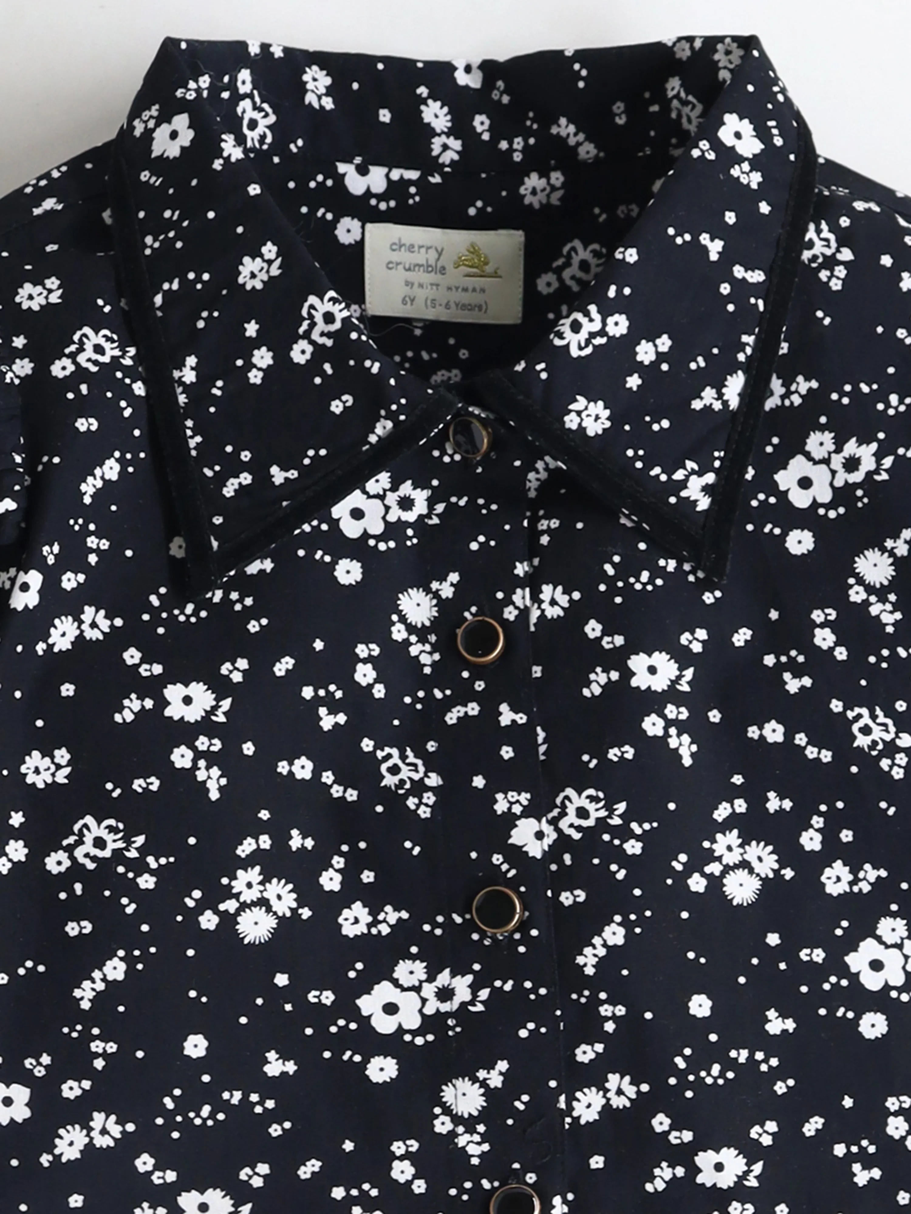Cherry Crumble Black & White Dark Floral Prints Half Sleeve Collar Top