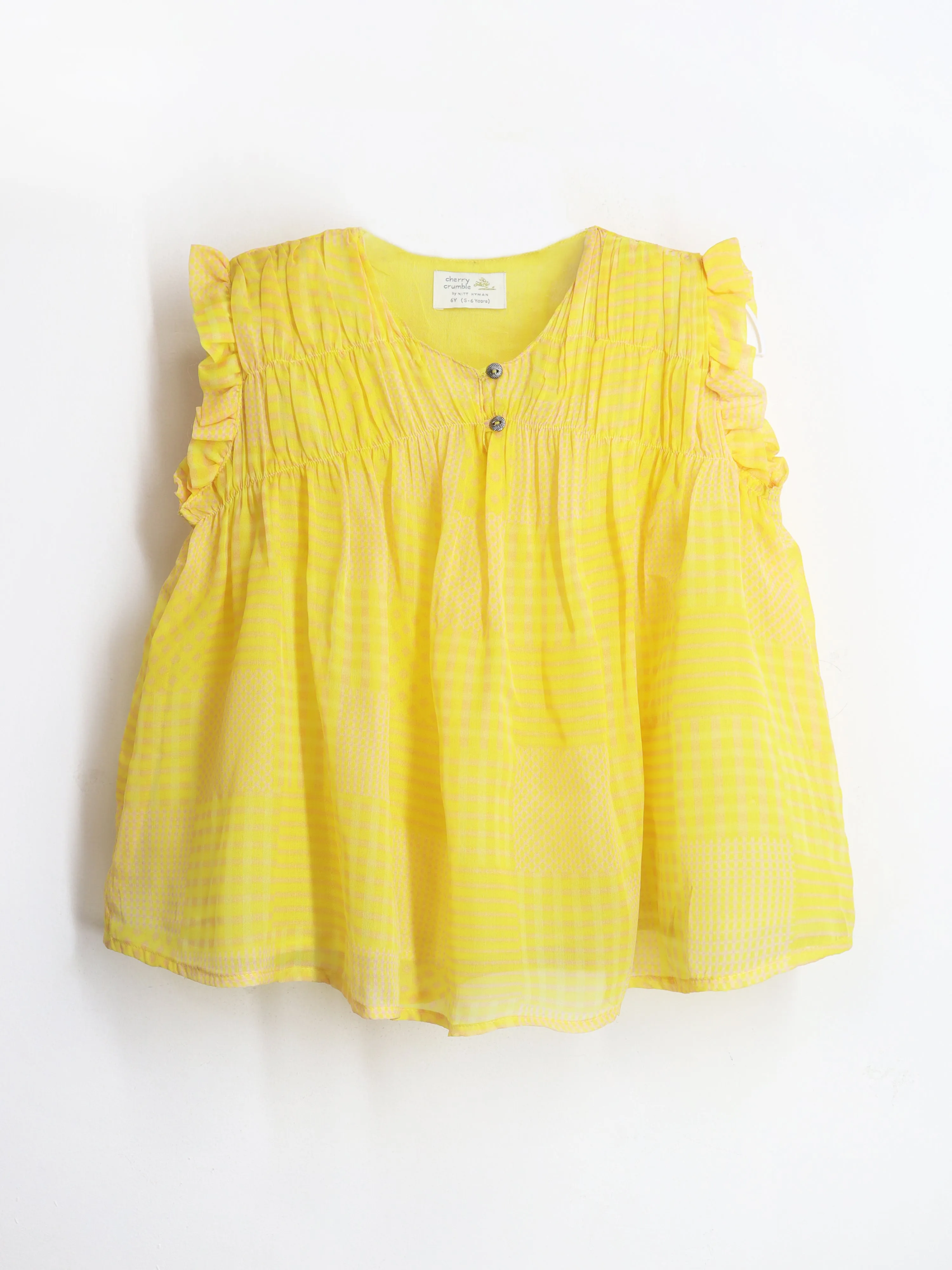 Cherry Crumble Smart Casual Mustard Cotton Blend  Round Neck with Button closure Smockey Top For Girls