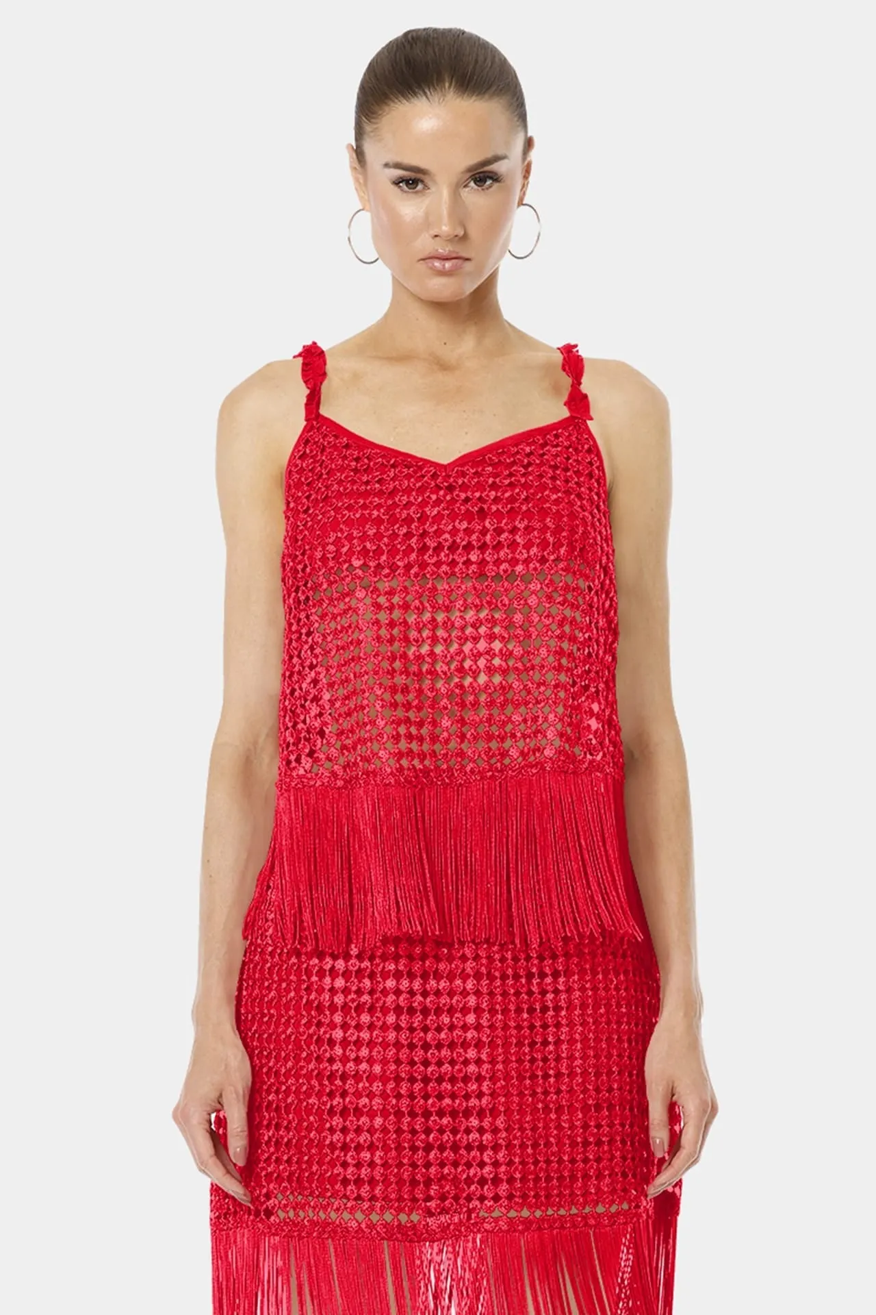 Chili Red See Through Top With Dancing Fringe