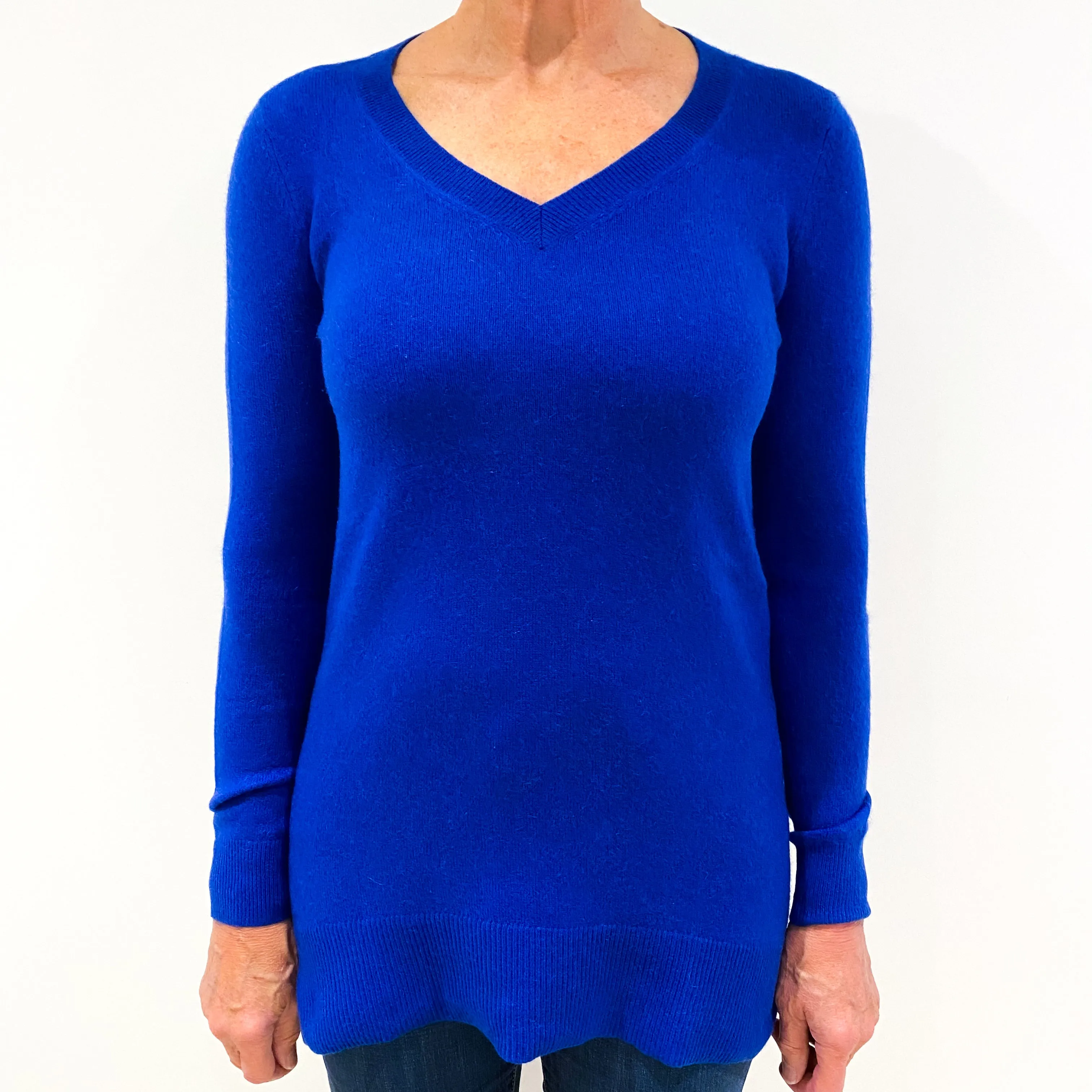 Cobalt Blue Cashmere V-Neck Tunic Style Jumper Medium