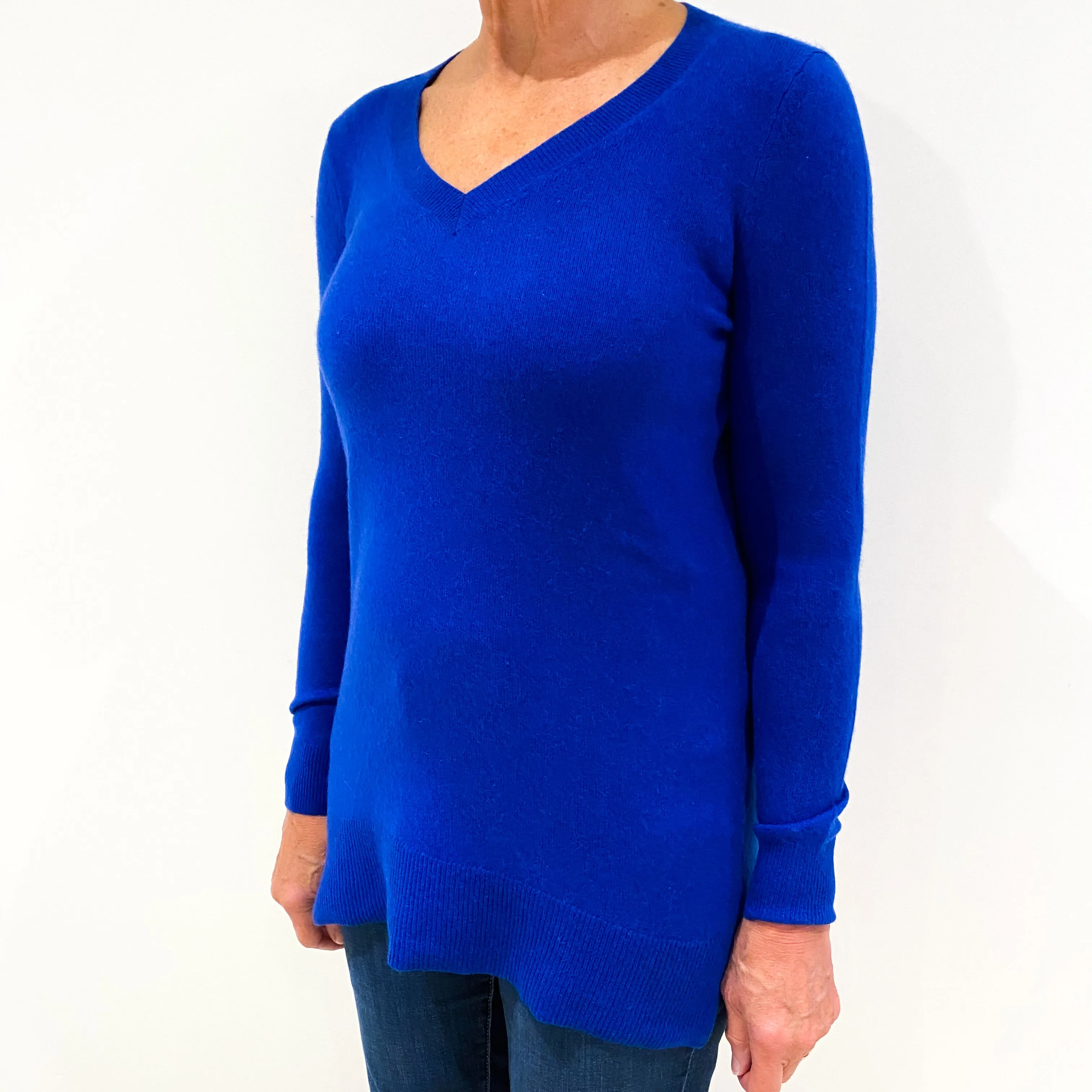 Cobalt Blue Cashmere V-Neck Tunic Style Jumper Medium