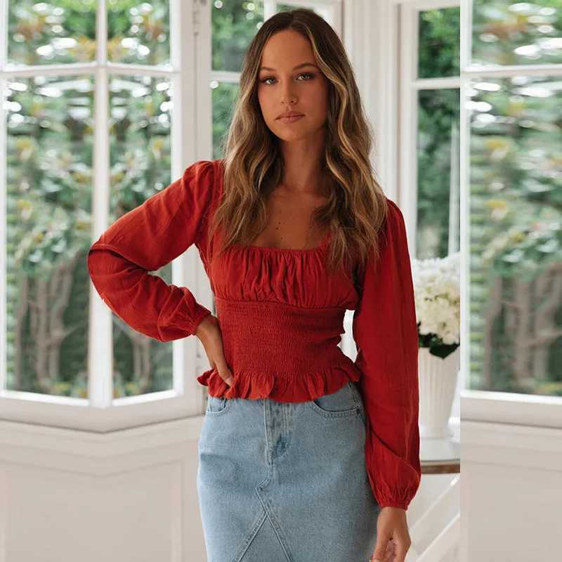 Collarless Shirt Ruffled Top