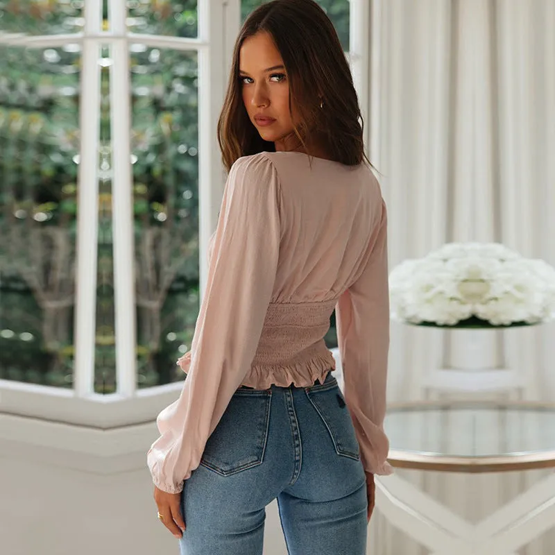 Collarless Shirt Ruffled Top