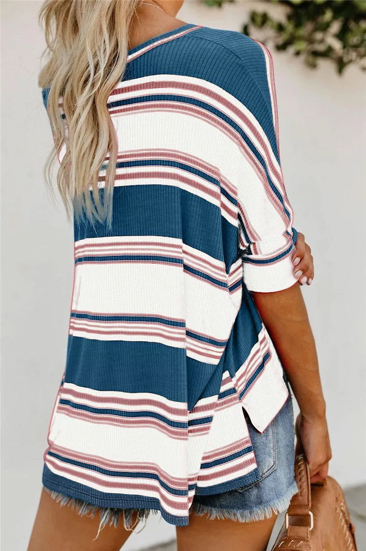Contrast Stripe Knitwear T shirt Women Diagonal Neck Half Sleeve Asymmetrical Loose Top