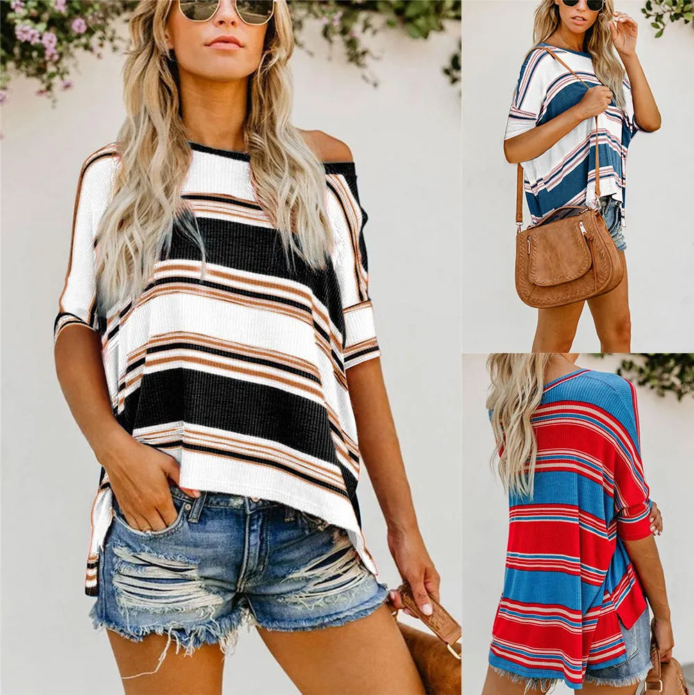 Contrast Stripe Knitwear T shirt Women Diagonal Neck Half Sleeve Asymmetrical Loose Top