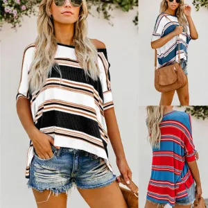 Contrast Stripe Knitwear T shirt Women Diagonal Neck Half Sleeve Asymmetrical Loose Top