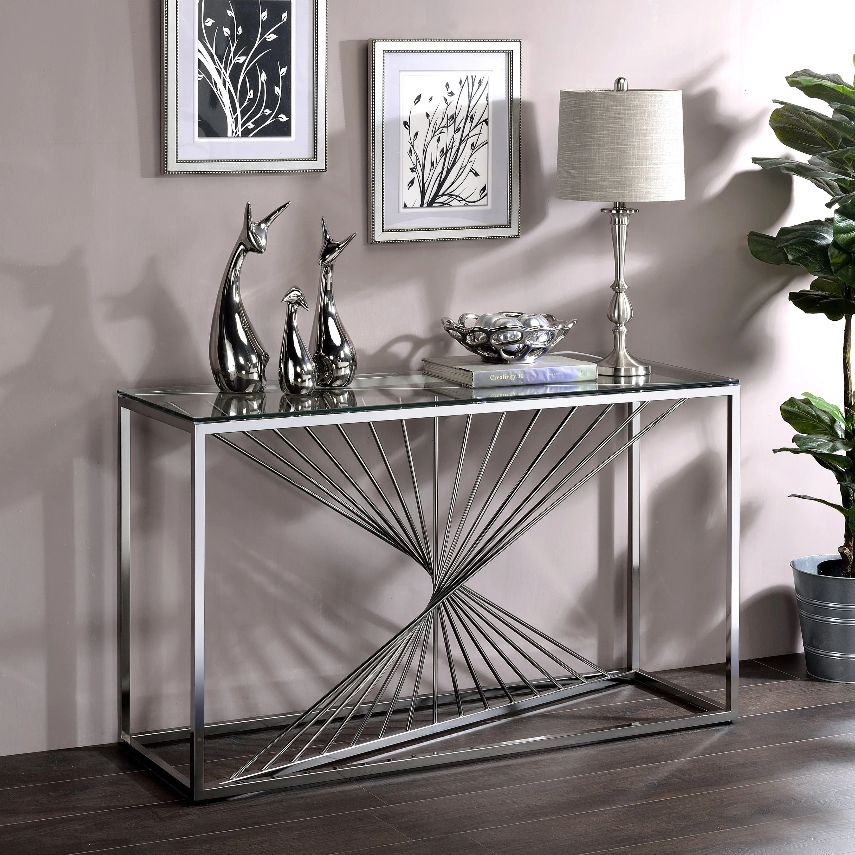 Conway Art Deco Chrome Spiral and Glass Top Console Table