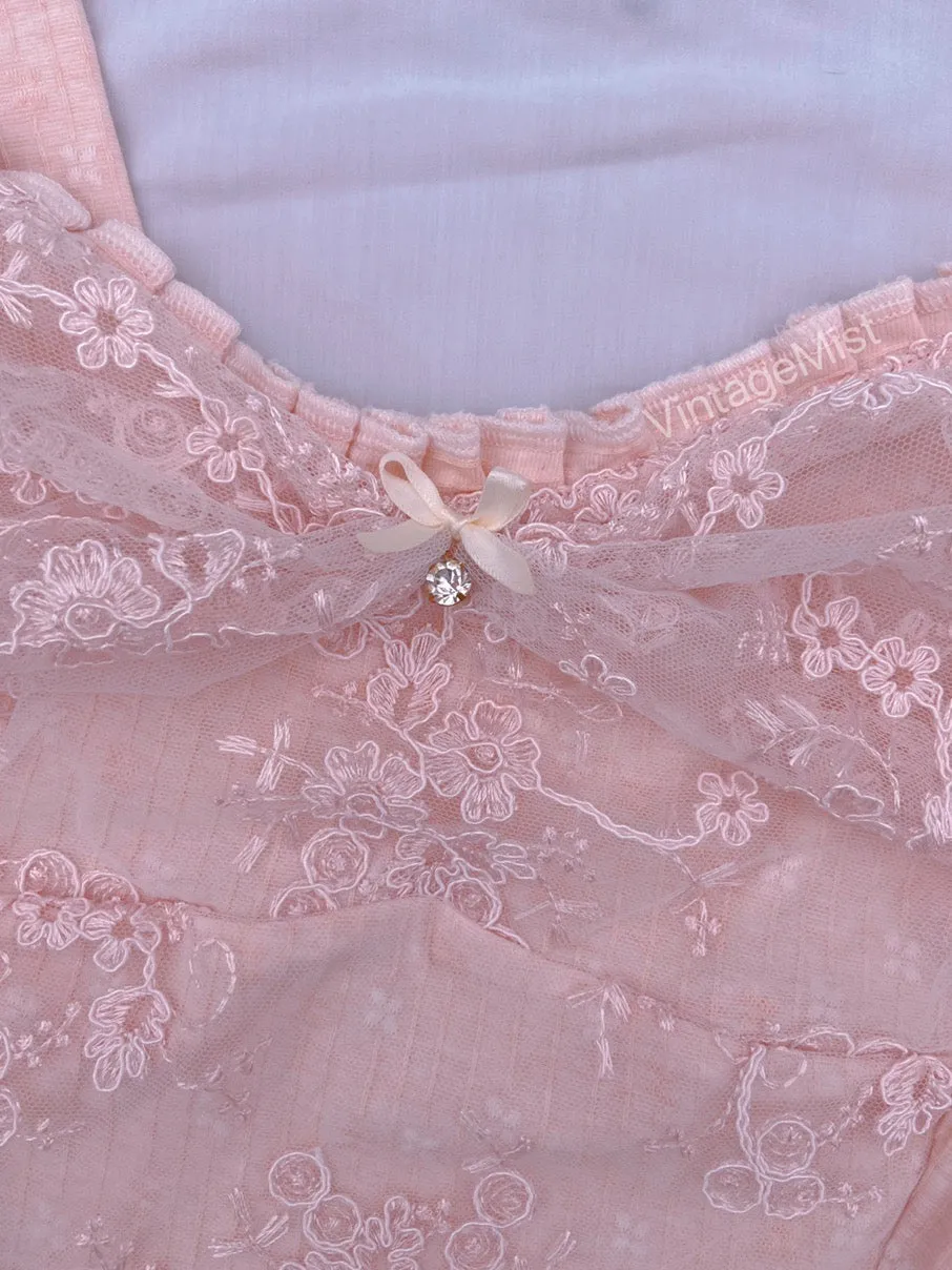 Coquette Floral Embroidery Lace Cotton Jacquard Knit Tank Top