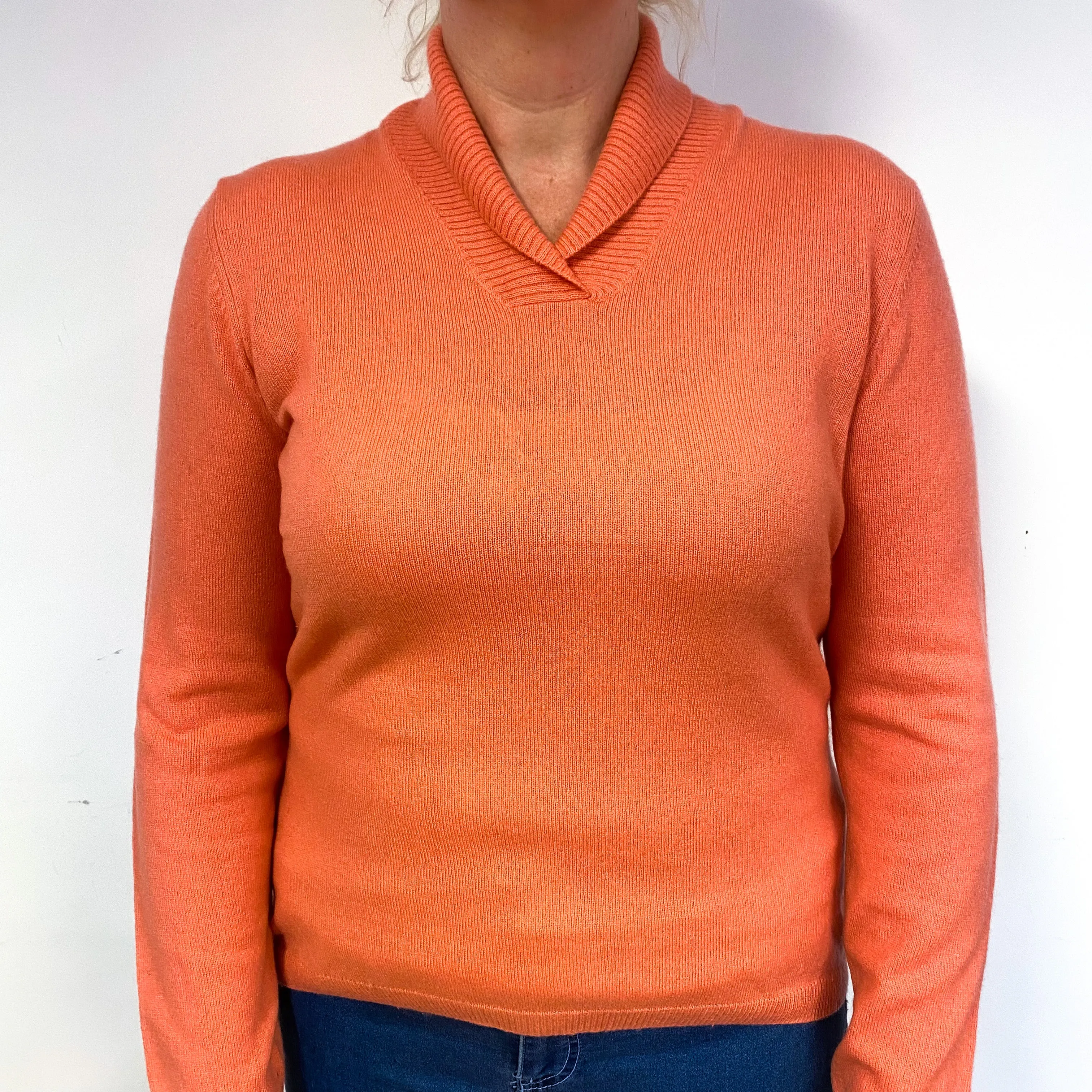 Coral Orange Cashmere Shawl Collar Jumper Large