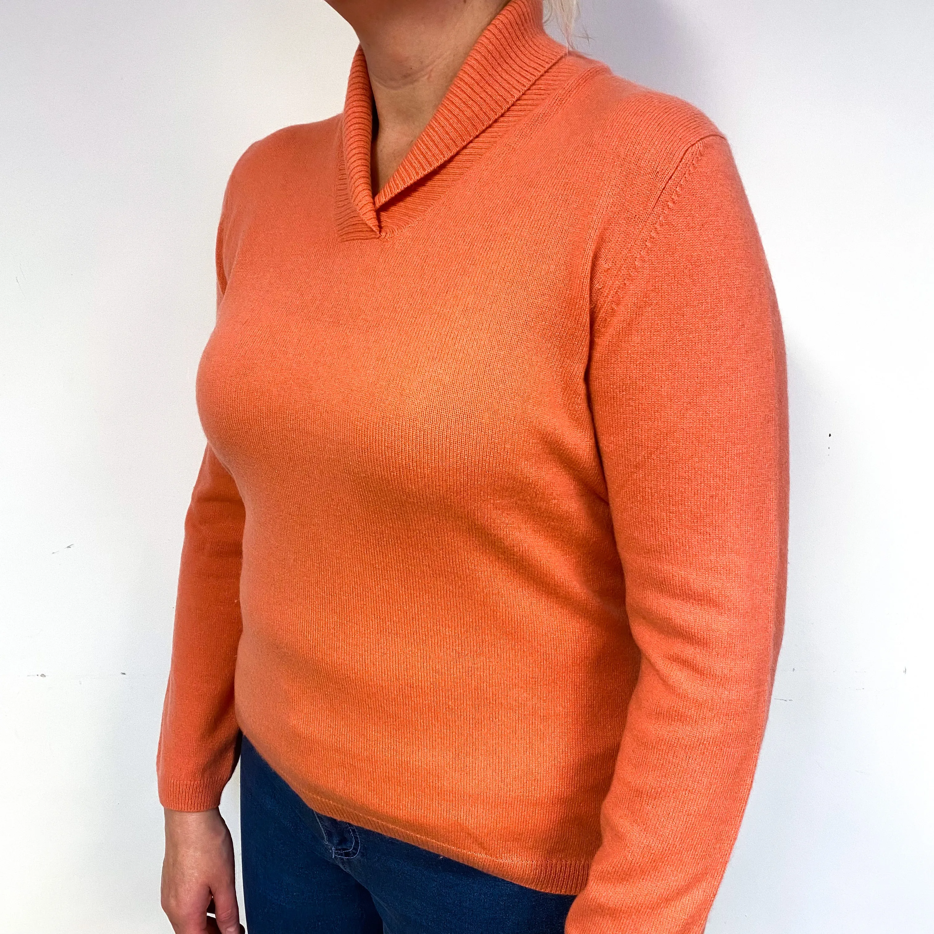 Coral Orange Cashmere Shawl Collar Jumper Large