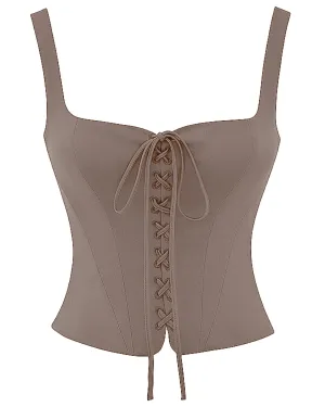 Corset Straps Eyelet Lace-up Tank Tops In Cappuccino
