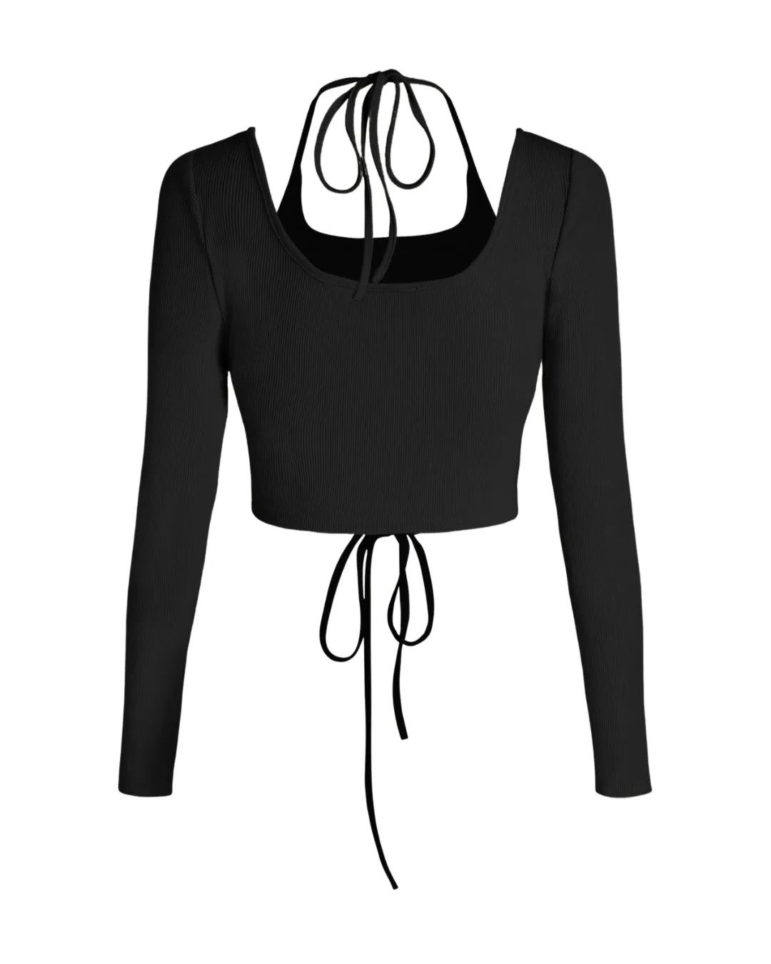 Corset Style Tie Around Full Sleeve Ribbed Black Top