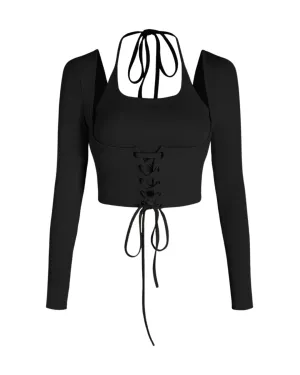 Corset Style Tie Around Full Sleeve Ribbed Black Top