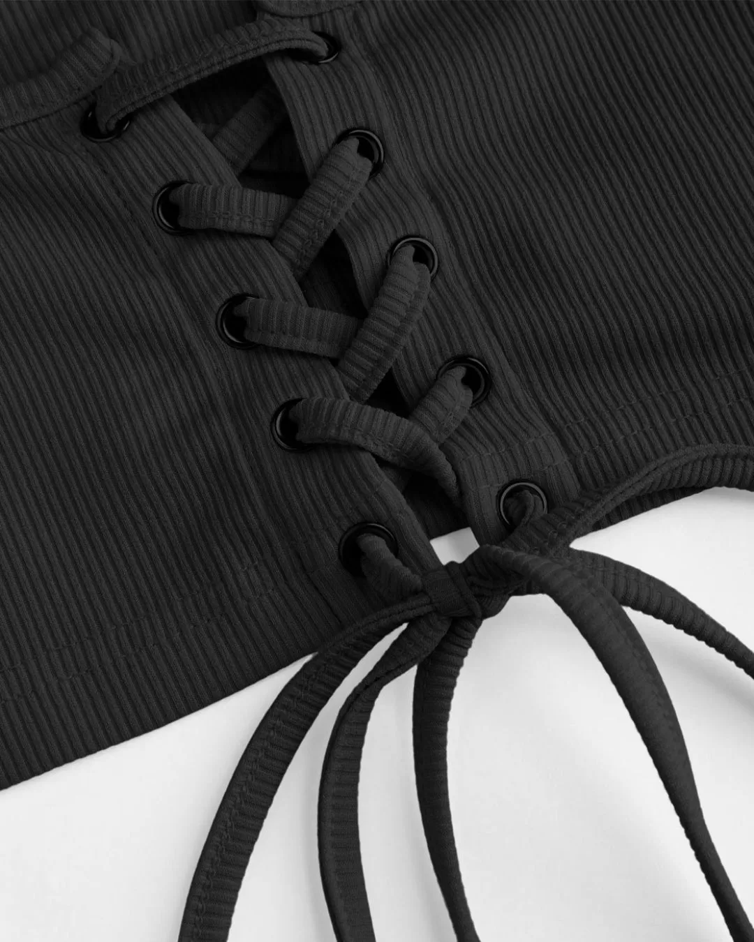 Corset Style Tie Around Full Sleeve Ribbed Black Top