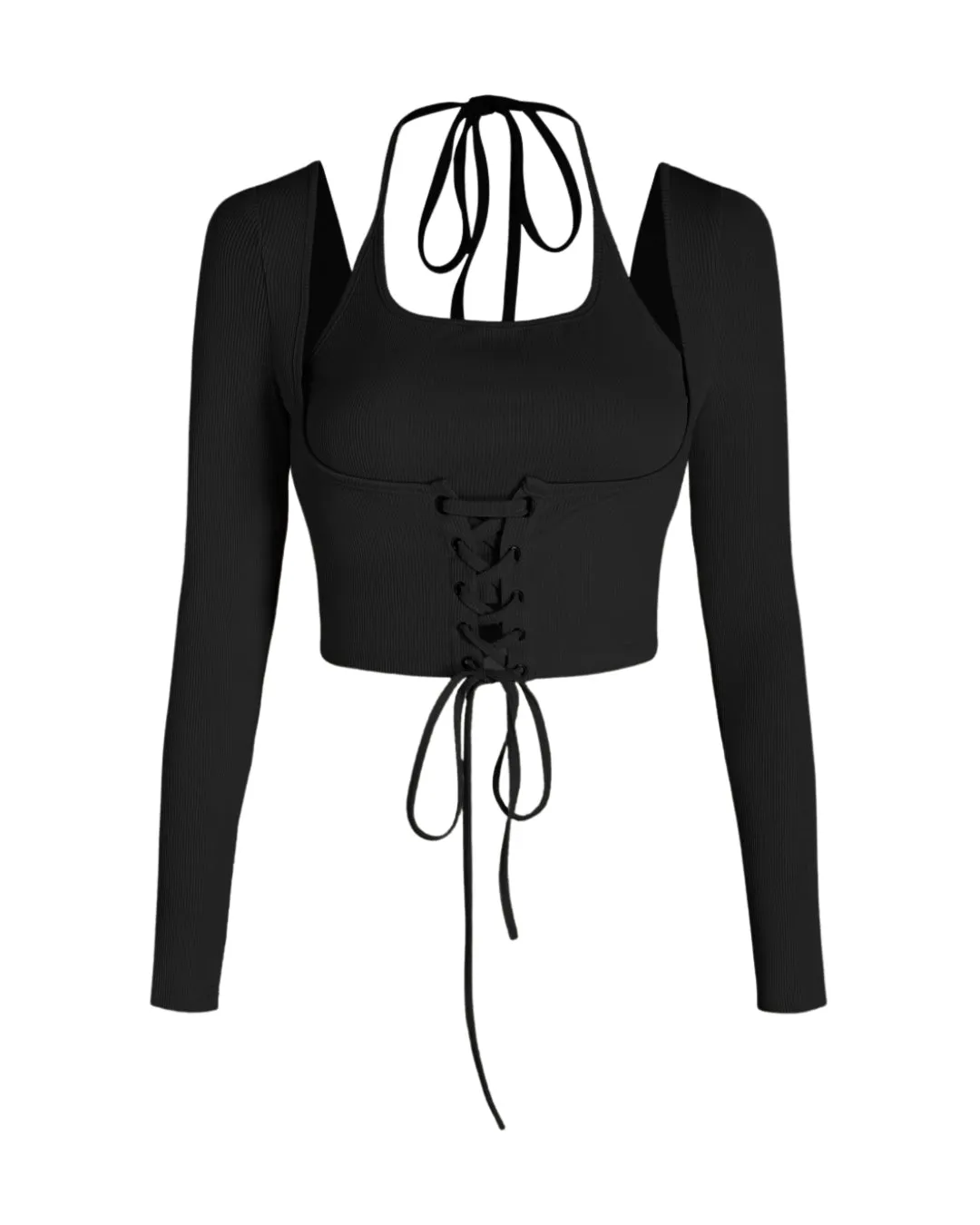 Corset Style Tie Around Full Sleeve Ribbed Black Top