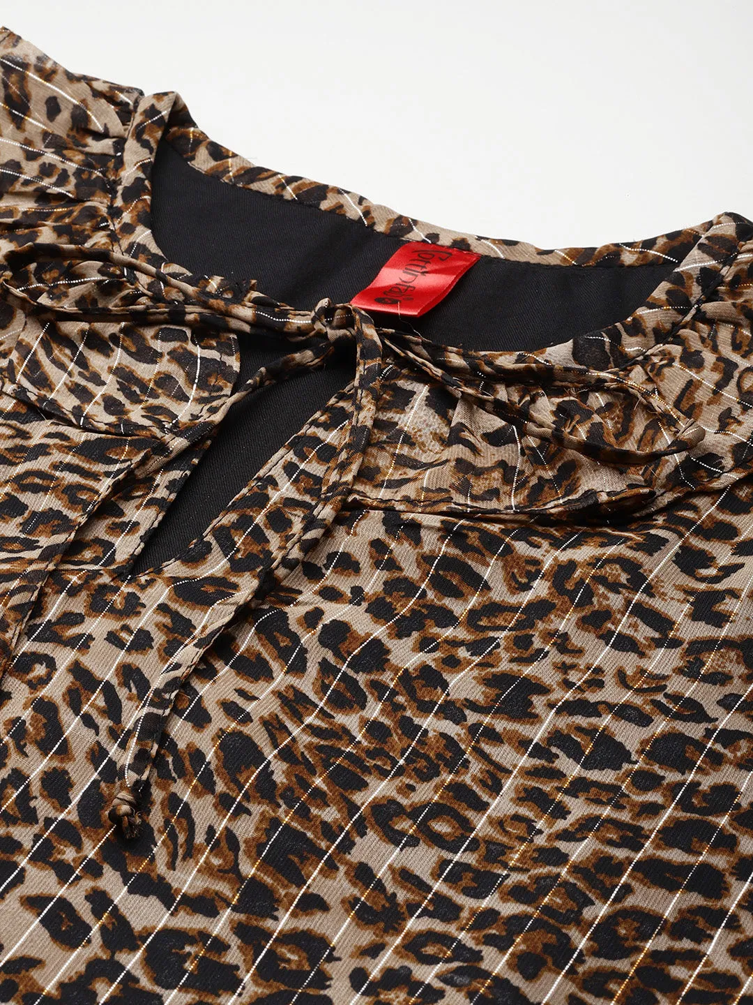 Cottinfab Animal Print Tie-Up Neck Ruffles Georgette Top
