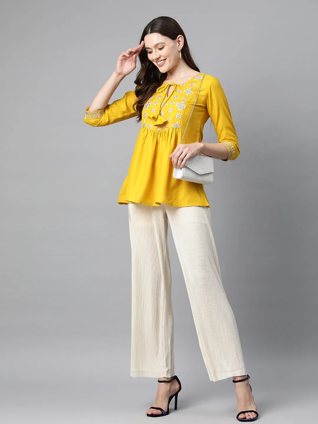 Cottinfab Embroidered Tie-Up Neck Ethnic Tunic