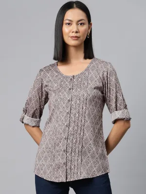 Cottinfab Geometric Print Roll-Up Sleeves Top