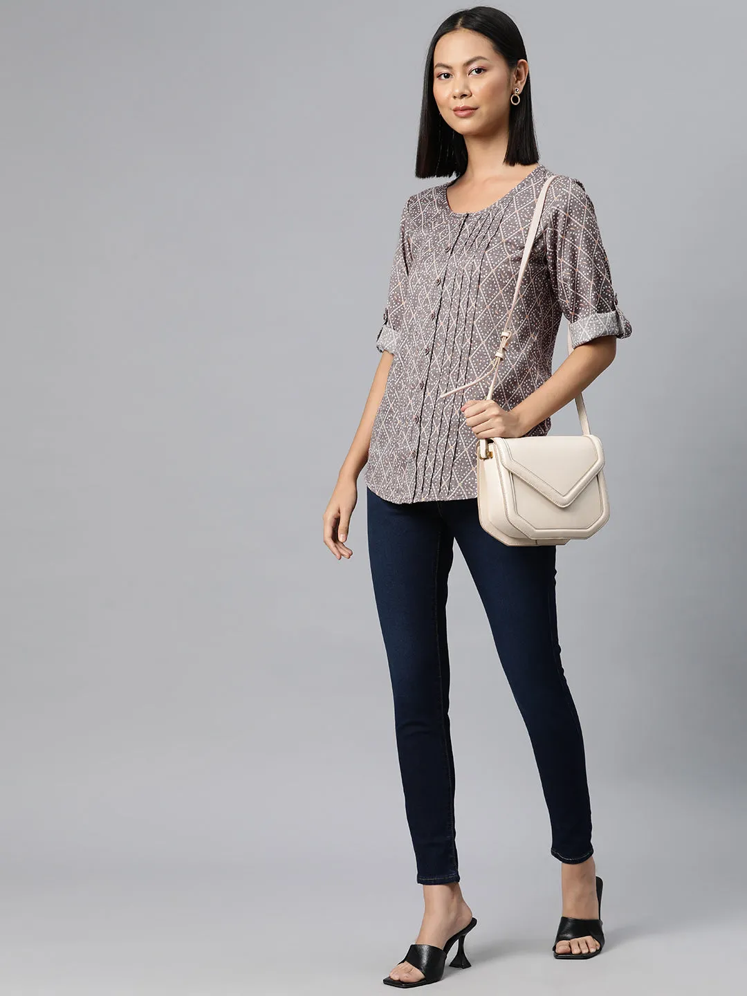 Cottinfab Geometric Print Roll-Up Sleeves Top