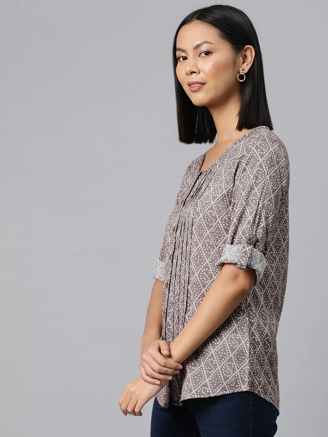 Cottinfab Geometric Print Roll-Up Sleeves Top
