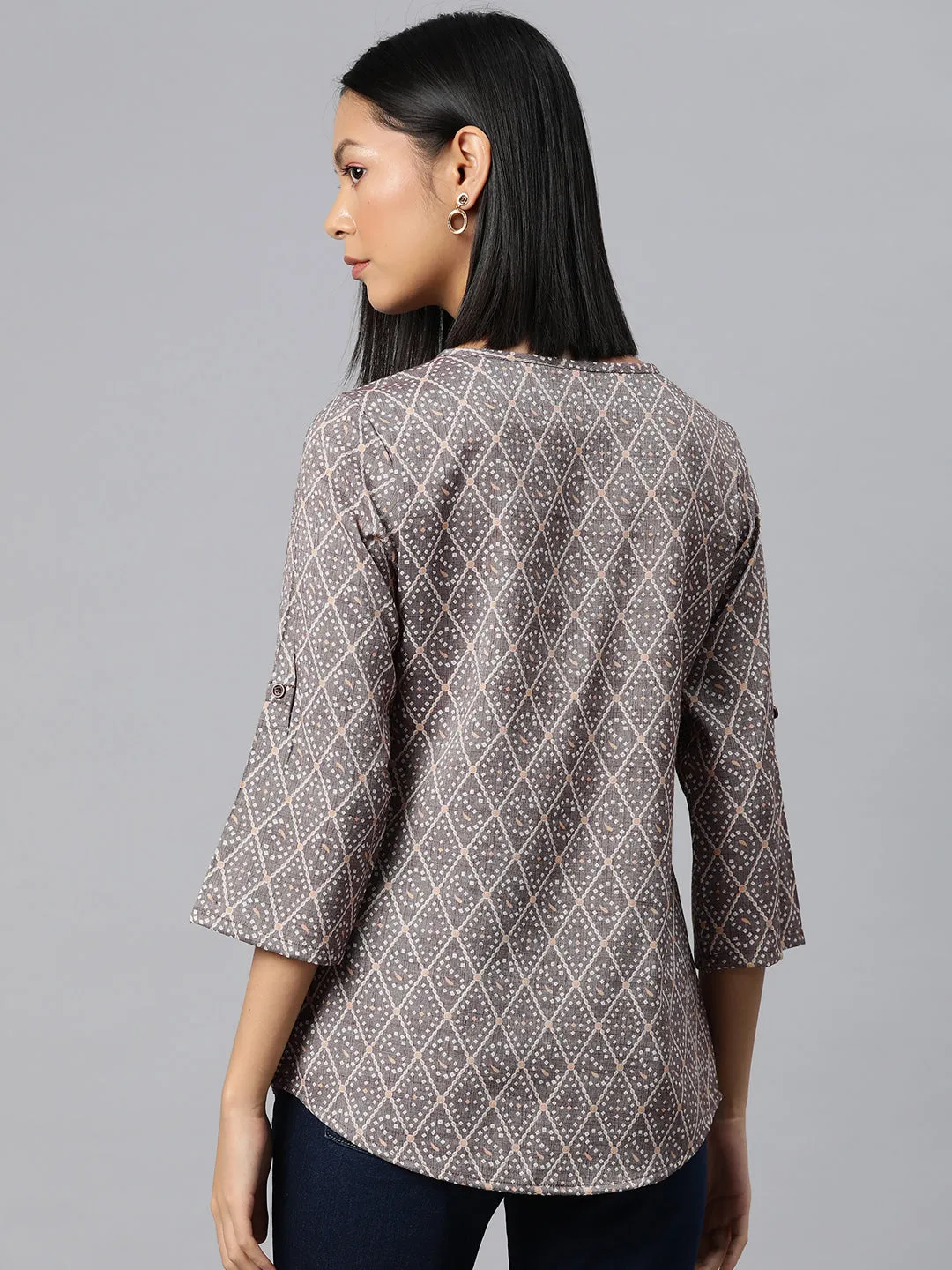 Cottinfab Geometric Print Roll-Up Sleeves Top