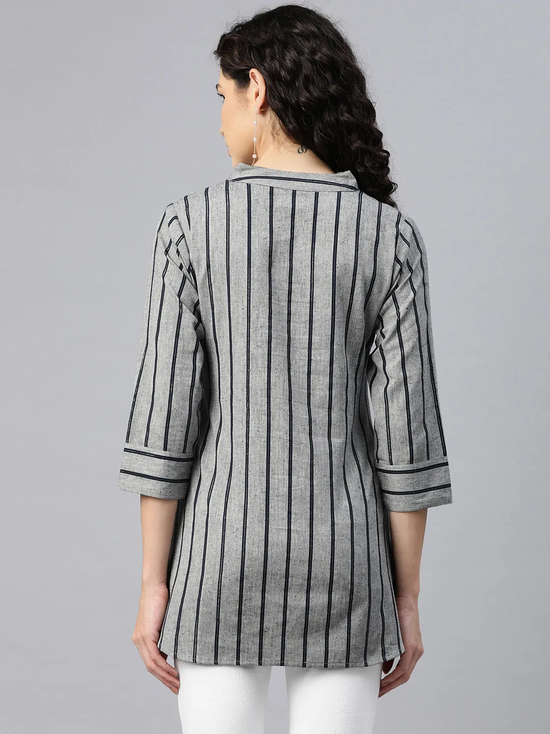 Cottinfab Women Striped Mandarin Collar Cotton Top