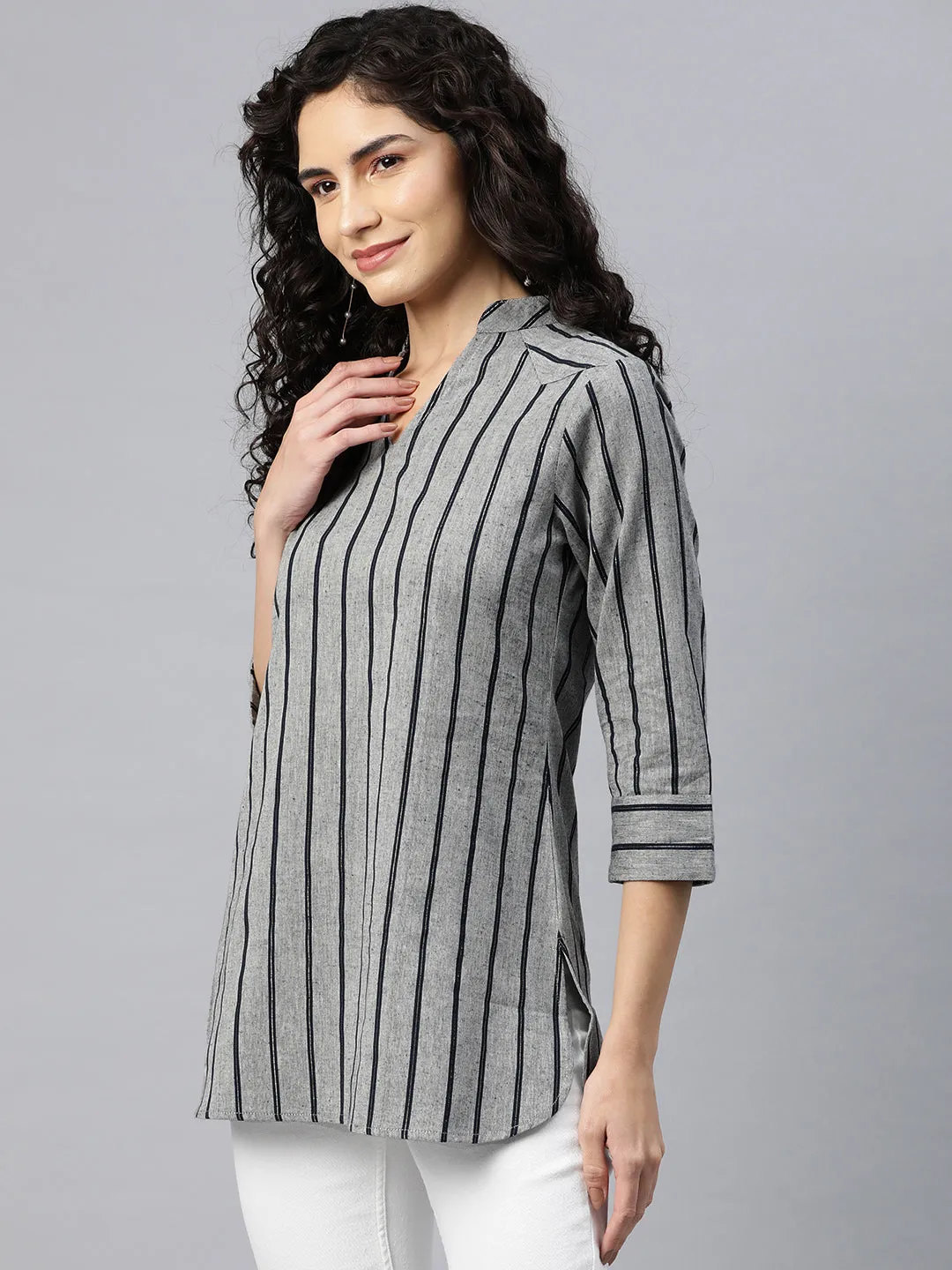Cottinfab Women Striped Mandarin Collar Cotton Top