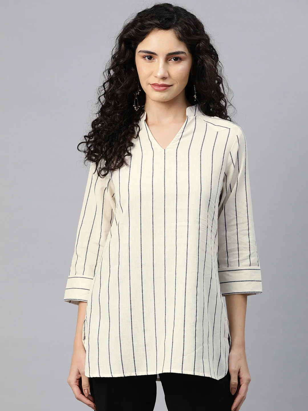 Cottinfab Women Striped Mandarin Collar Top
