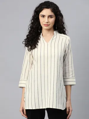 Cottinfab Women Striped Mandarin Collar Top