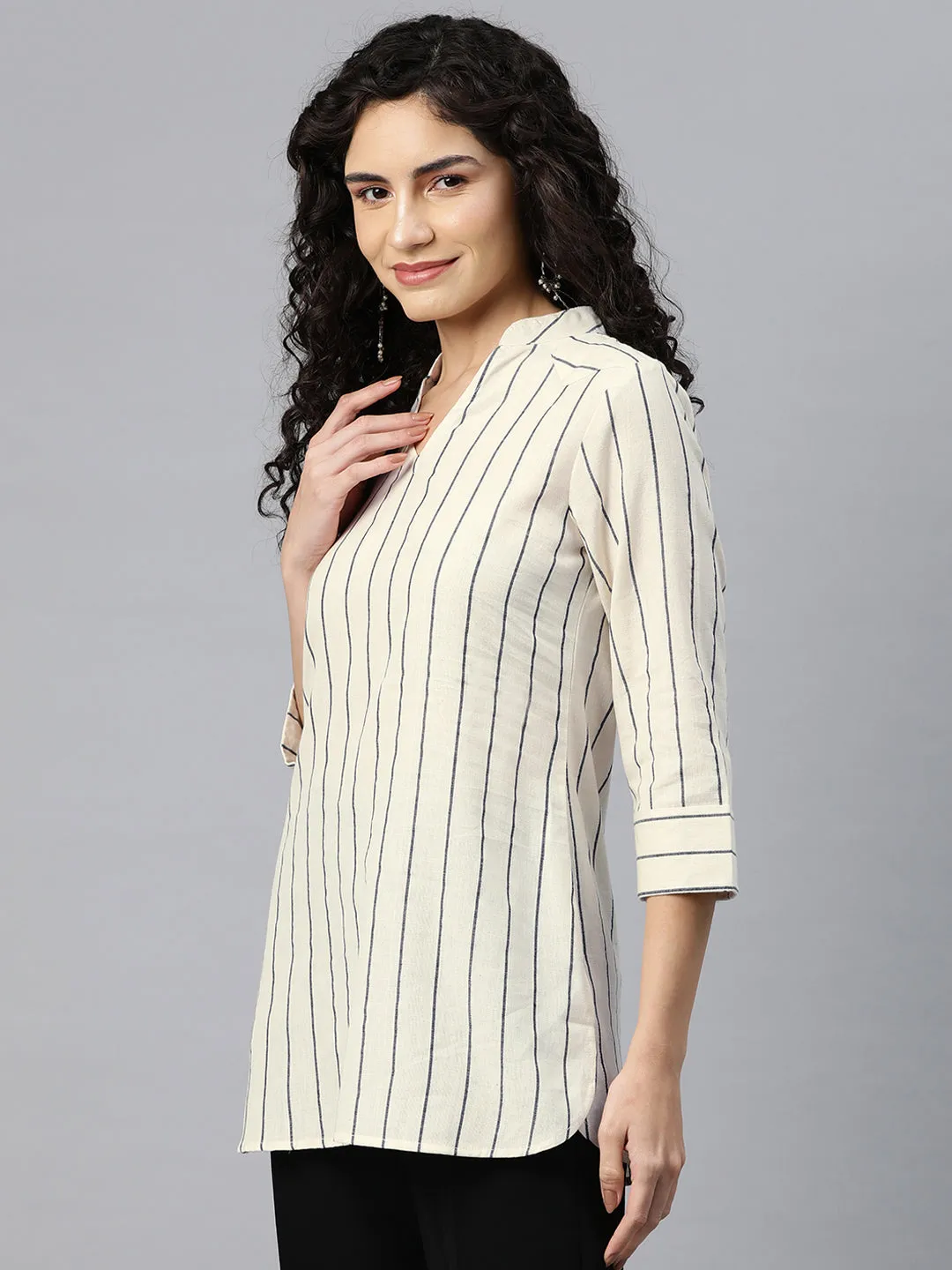 Cottinfab Women Striped Mandarin Collar Top