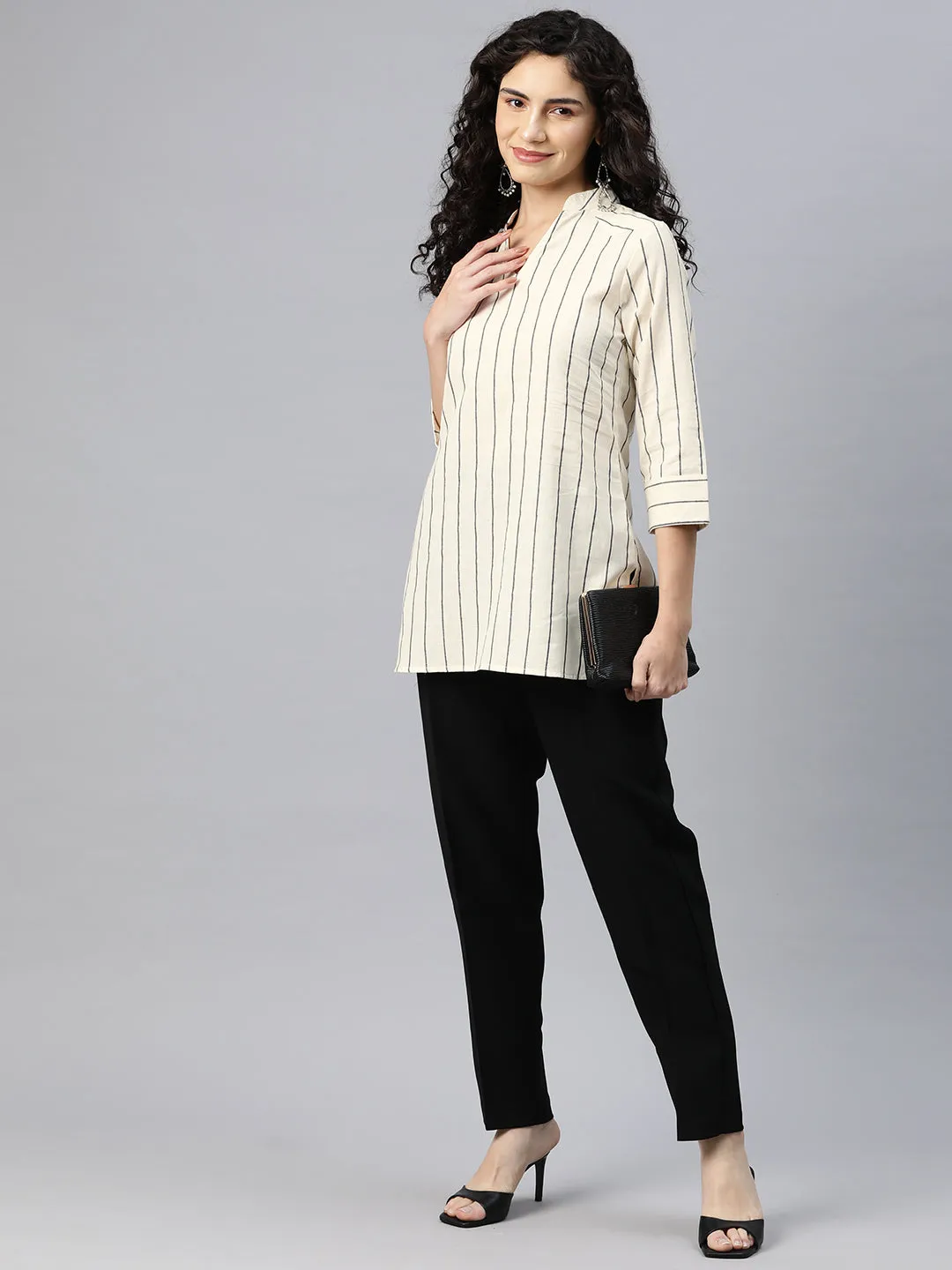 Cottinfab Women Striped Mandarin Collar Top