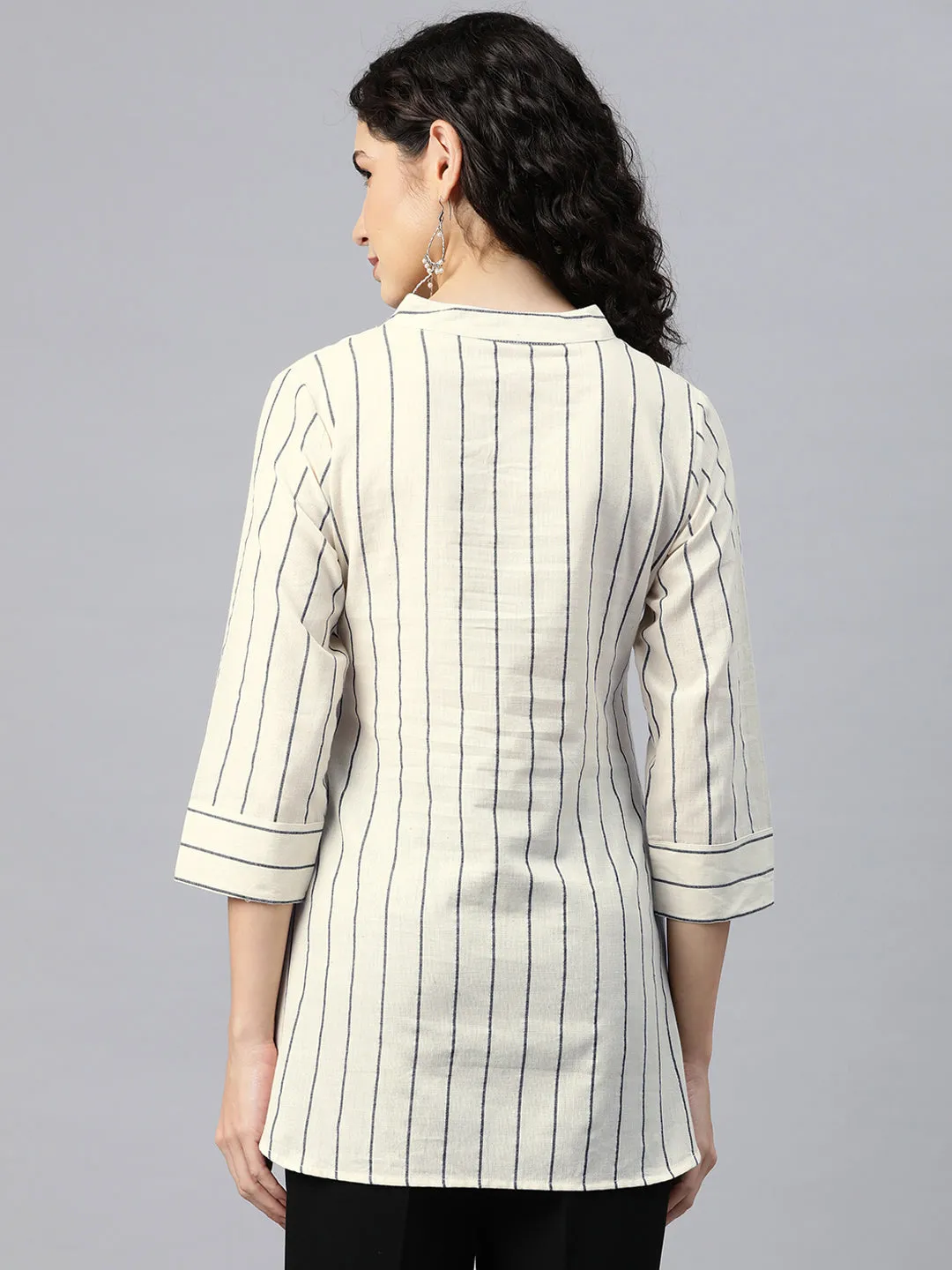 Cottinfab Women Striped Mandarin Collar Top