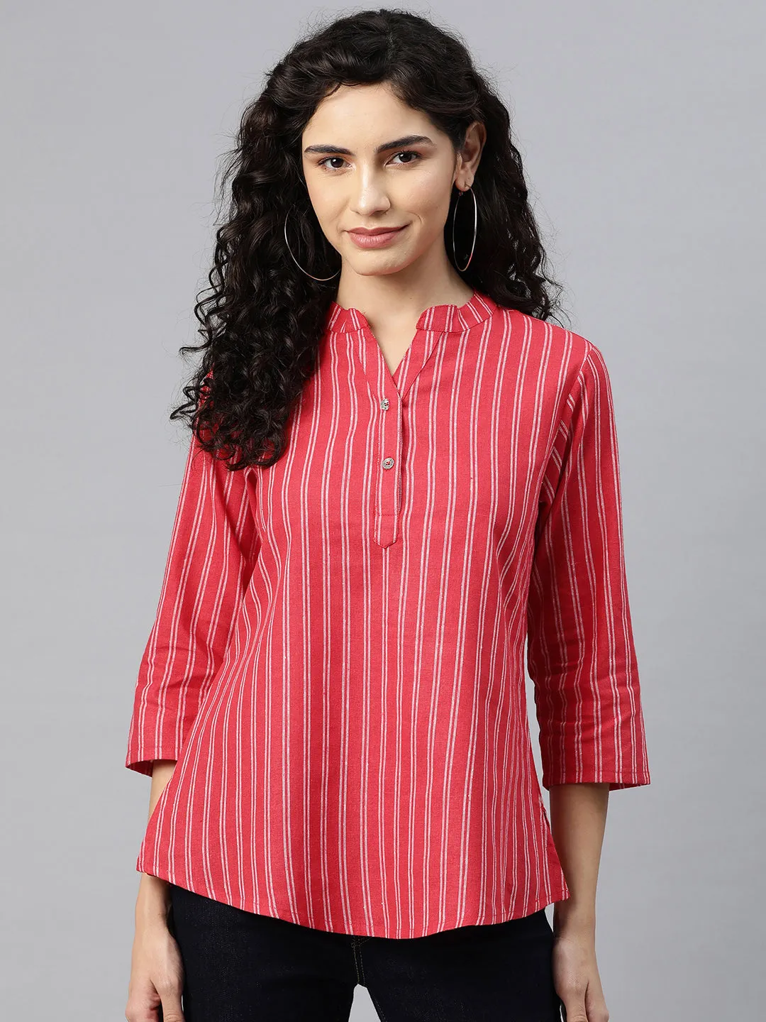 Cottinfab Women Striped Mandarin Collared Cotton Top