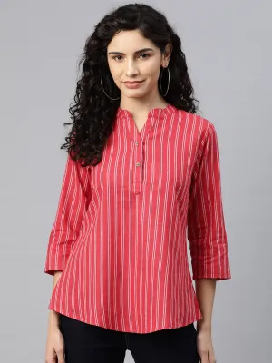 Cottinfab Women Striped Mandarin Collared Cotton Top